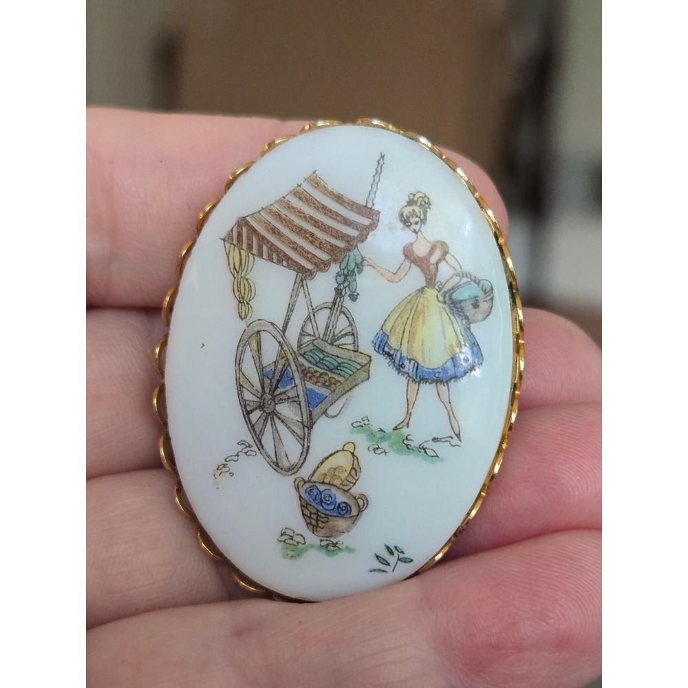 1960s MCM Porcelain Brooch French Girl Farmers Market Paris Flowers Fruit Pin